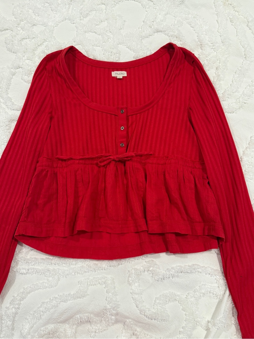Pilcro Vibrant Red Ribbed Long-Sleeve Peplum Top